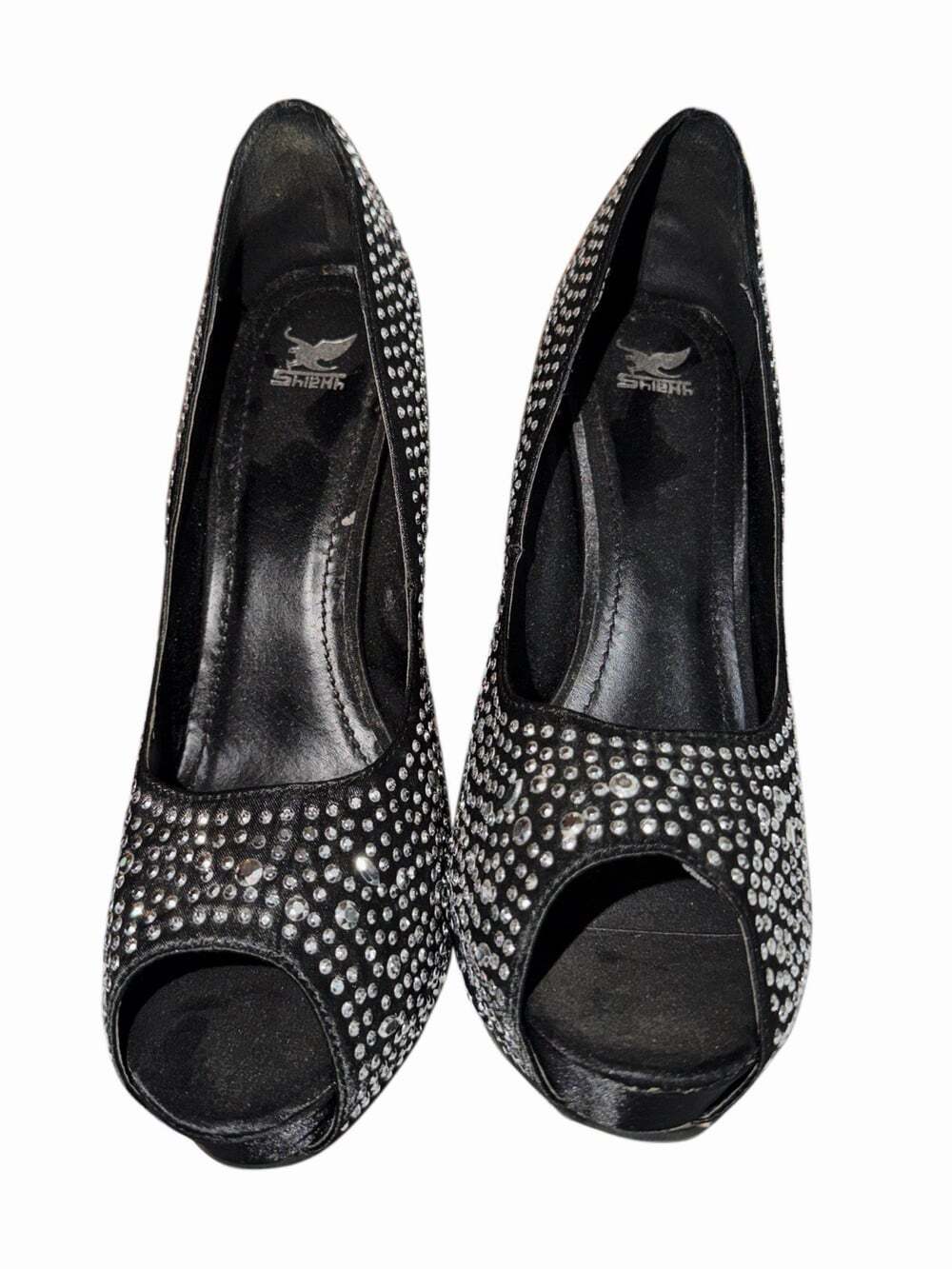Silver Studded Shiekh Brand Black Stiletto Women's Size 10 Peep Toe High Heels